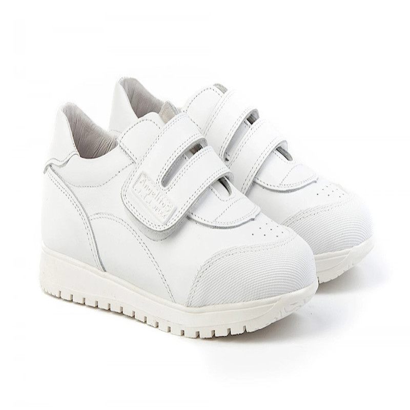 Made in Spain EU23-EU35 School Sports shoes reinforced PVC Toe Napa Leather Single Strap velcro sneakers Non Slip Rubber White 